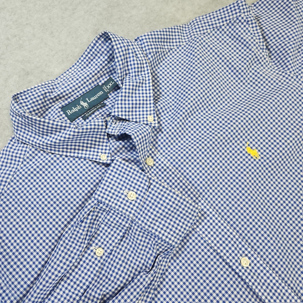 Polo Ralph Lauren Shirt Men's XXL Blue Gingham Check Long Sleeve Flip